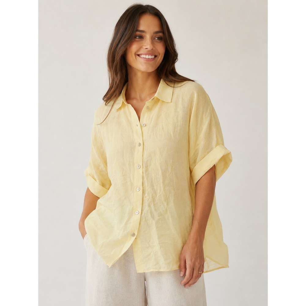 Lafayette 148 New York Yellow Ramie Tencel Button Down Shirt XL/XXL